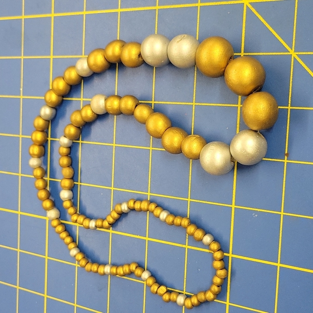 Vintage Gold & Silver Wood Beaded 26" Necklace